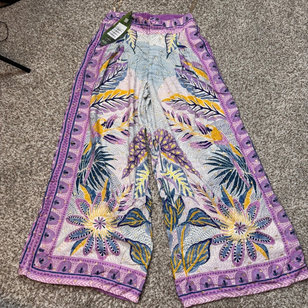 Farm‎ Rio Women's Large Purple Tropical Toucan Floral Wide Leg Palazzo Pants New